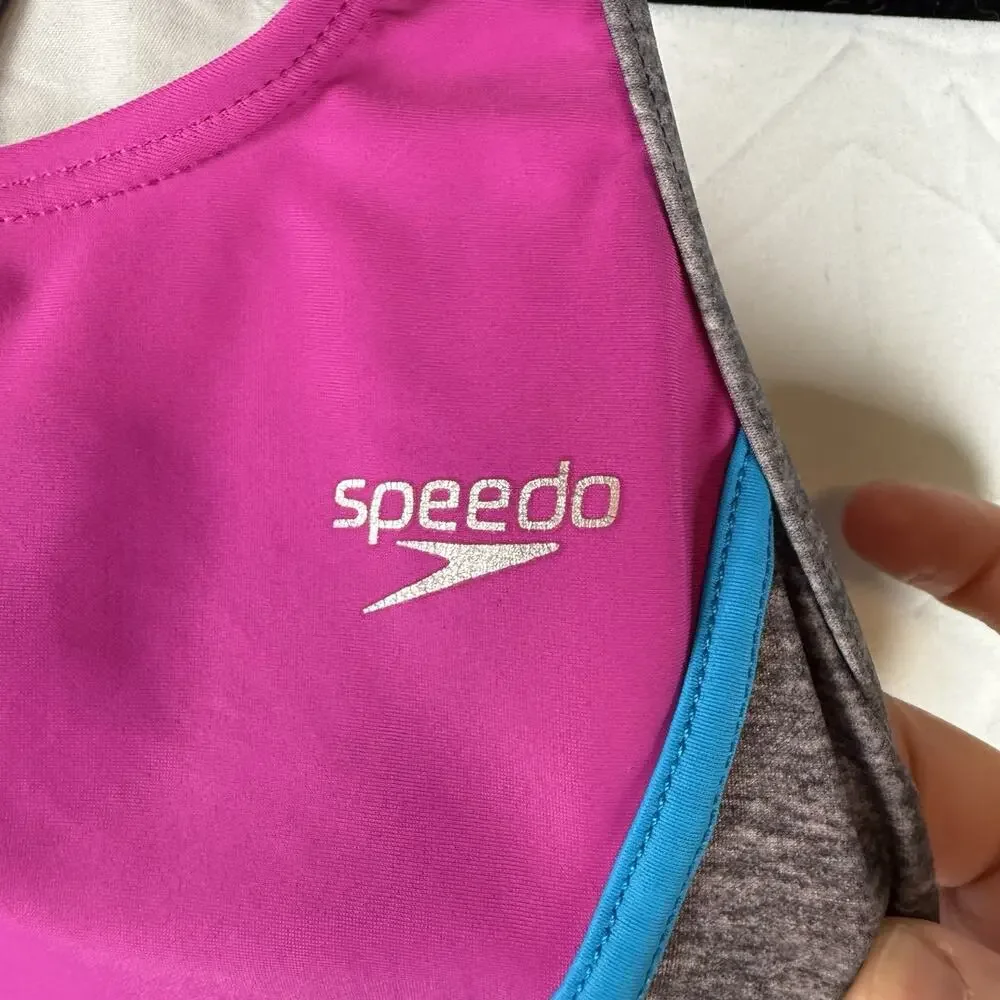 SPEEDO Girls SIZE 14 Fuchsia Pink Gray 1Piece Racerback Sporty Swimsuit Silicone